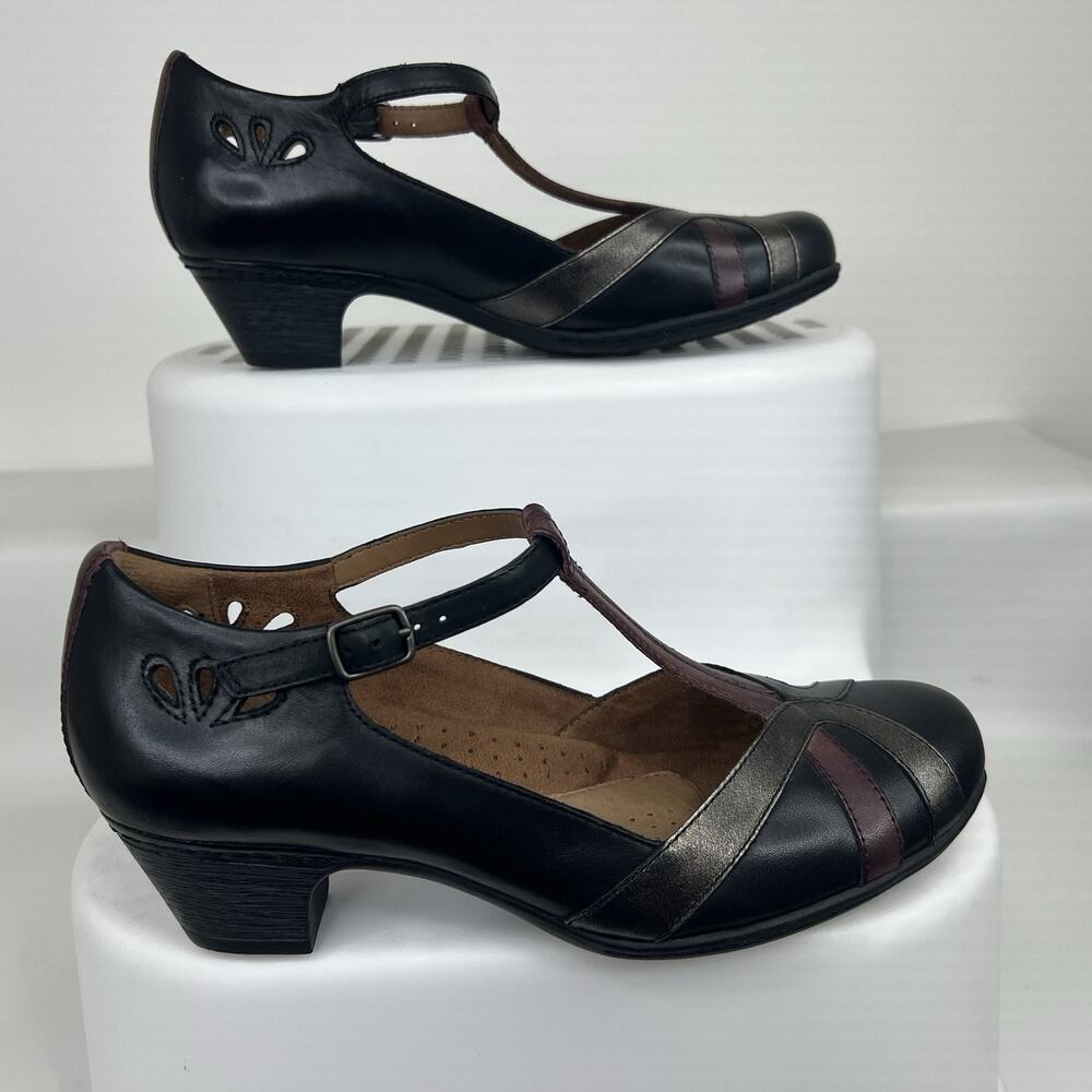 Rockport Cobb Hill Womens 7 Black Leather T Strap Mary Jane Comfort Heel Shoes